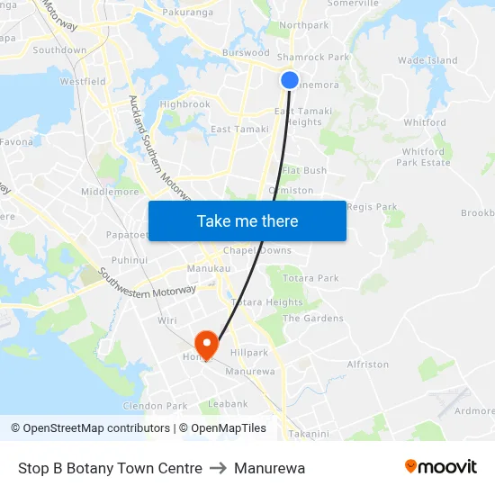 Stop B Botany Town Centre to Manurewa map