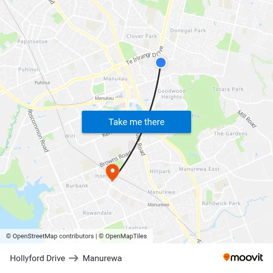 Hollyford Drive to Manurewa map