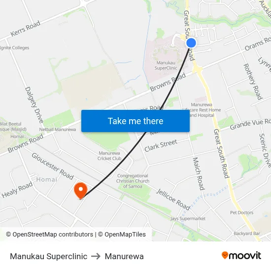 Manukau Superclinic to Manurewa map