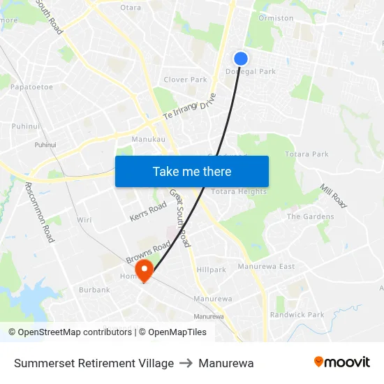 Summerset Retirement Village to Manurewa map