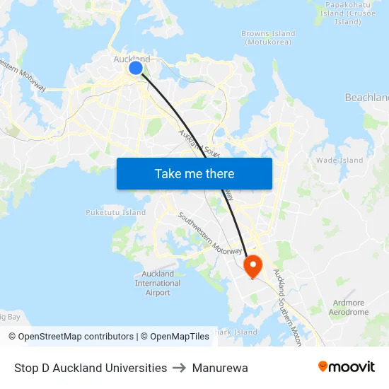 Stop D Auckland Universities to Manurewa map