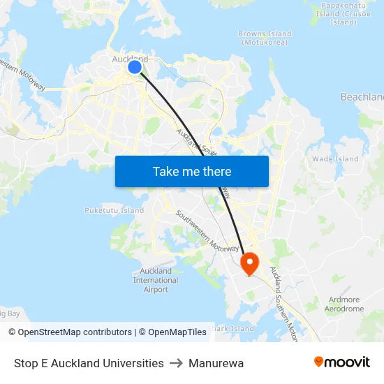 Stop E Auckland Universities to Manurewa map