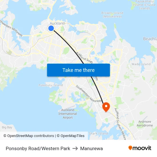 Ponsonby Road/Western Park to Manurewa map