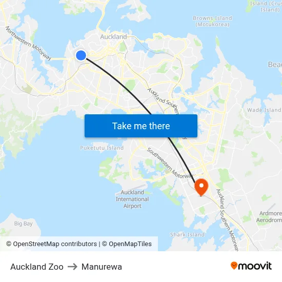 Auckland Zoo to Manurewa map