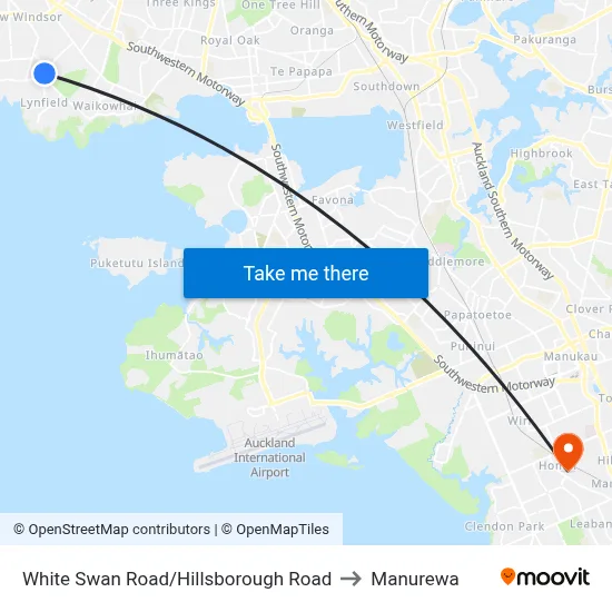 White Swan Road/Hillsborough Road to Manurewa map