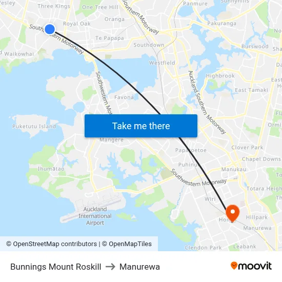 Bunnings Mount Roskill to Manurewa map
