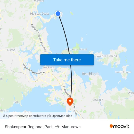 Shakespear Regional Park to Manurewa map