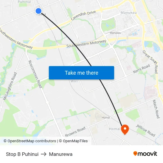 Stop B Puhinui to Manurewa map