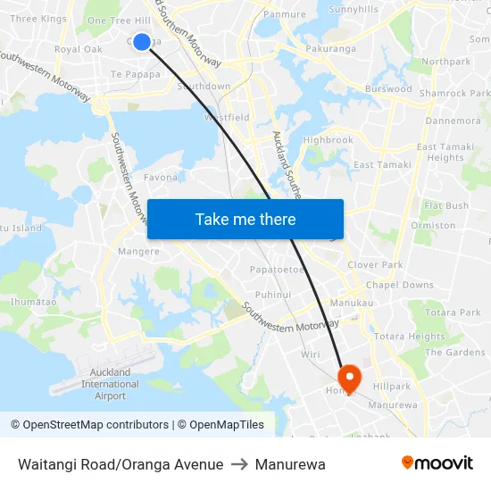 Waitangi Road/Oranga Avenue to Manurewa map