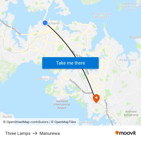 Three Lamps to Manurewa map