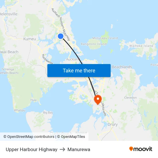 Upper Harbour Highway to Manurewa map