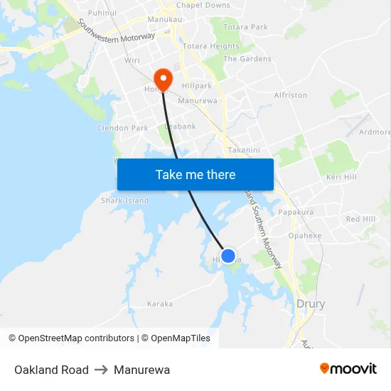 Oakland Road to Manurewa map