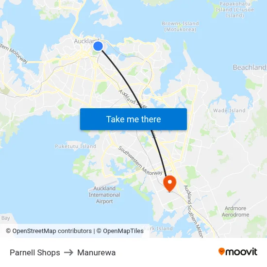 Parnell Shops to Manurewa map