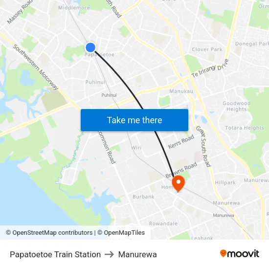 Papatoetoe Train Station to Manurewa map