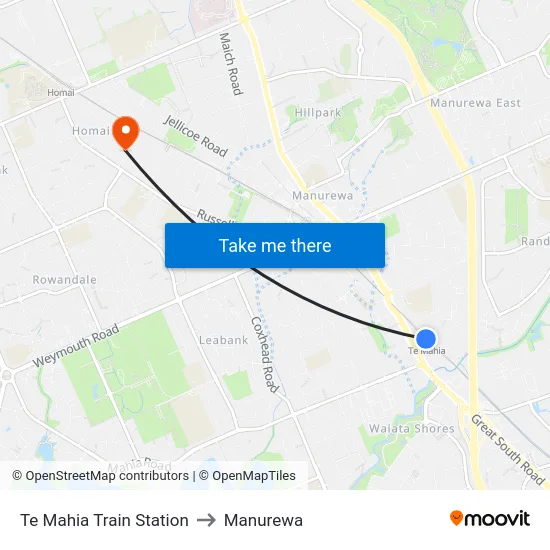 Te Mahia Train Station to Manurewa map