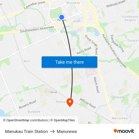 Manukau Train Station to Manurewa map