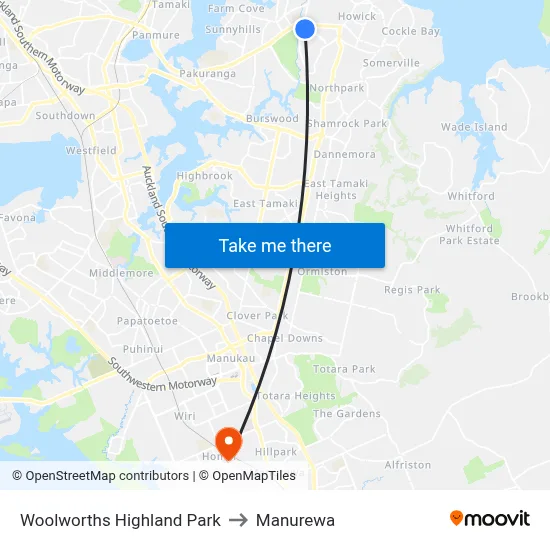 Woolworths Highland Park to Manurewa map