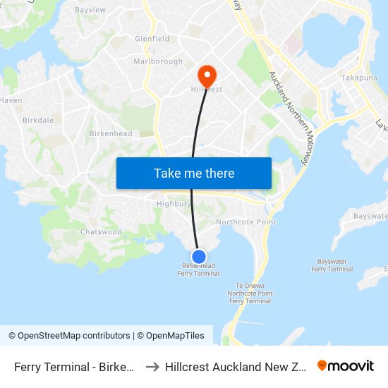 Ferry Terminal - Birkenhead to Hillcrest Auckland New Zealand map