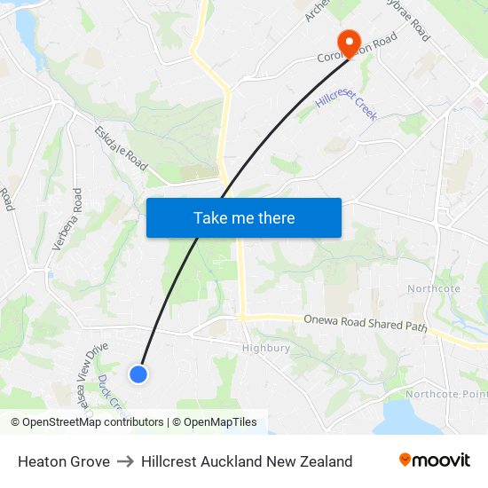 Heaton Grove to Hillcrest Auckland New Zealand map