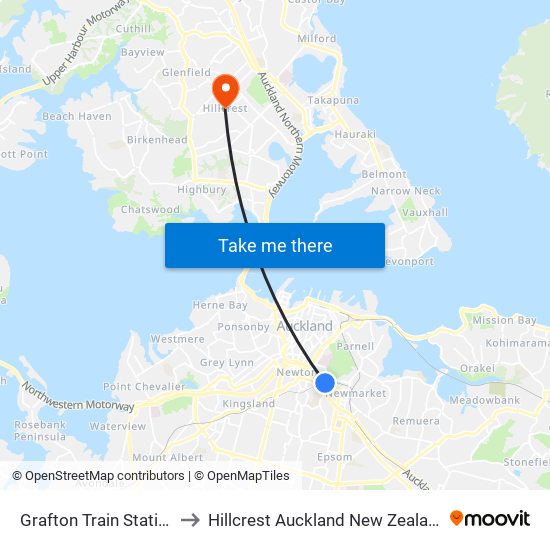 Grafton Train Station to Hillcrest Auckland New Zealand map