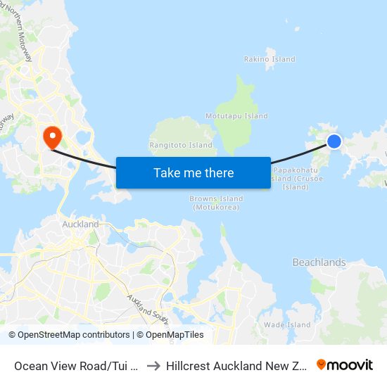 Ocean View Road/Tui Street to Hillcrest Auckland New Zealand map