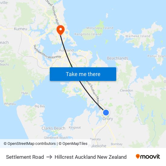 Settlement Road to Hillcrest Auckland New Zealand map