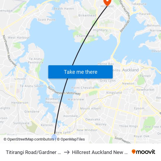 Titirangi Road/Gardner Avenue to Hillcrest Auckland New Zealand map
