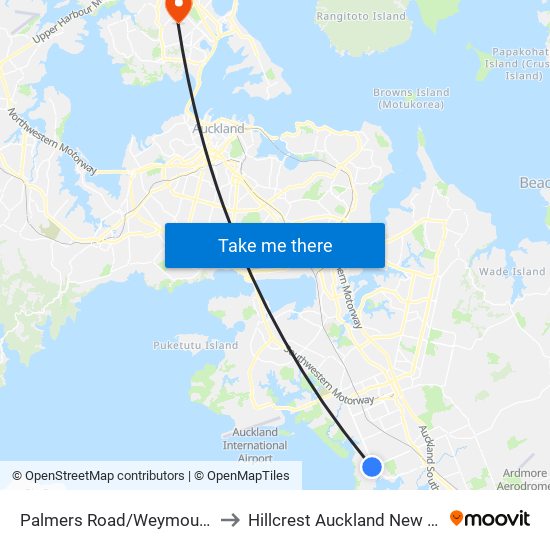 Palmers Road/Weymouth Road to Hillcrest Auckland New Zealand map