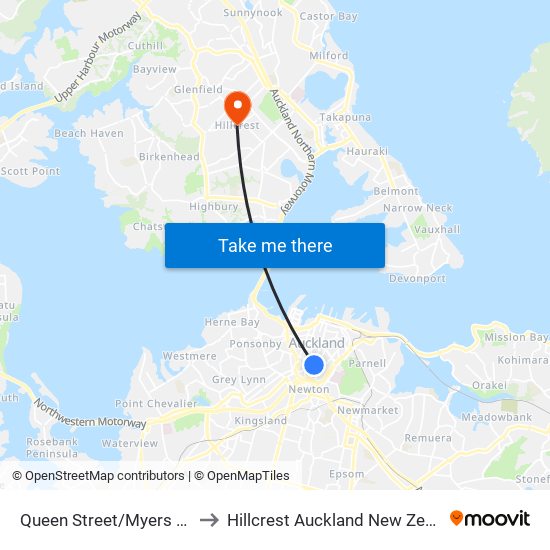 Queen Street/Myers Park to Hillcrest Auckland New Zealand map