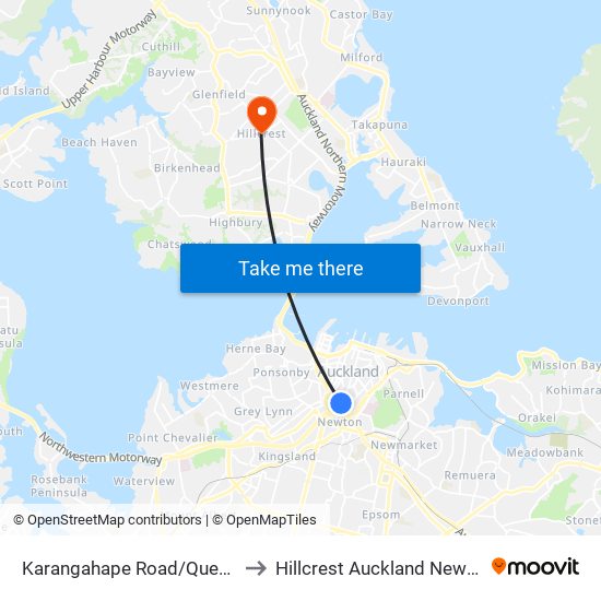 Karangahape Road/Queen Street to Hillcrest Auckland New Zealand map