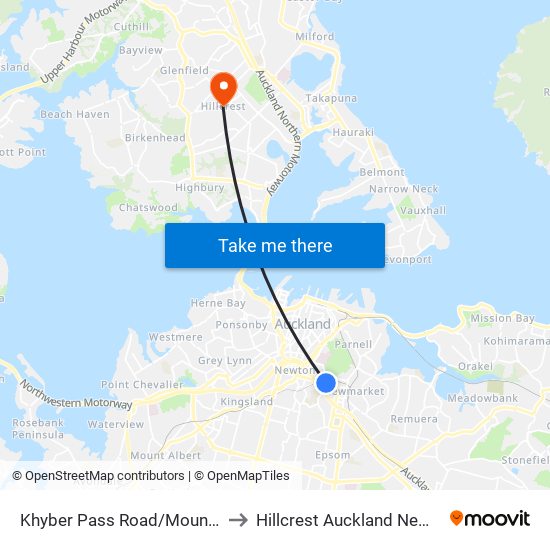 Khyber Pass Road/Mountain Road to Hillcrest Auckland New Zealand map