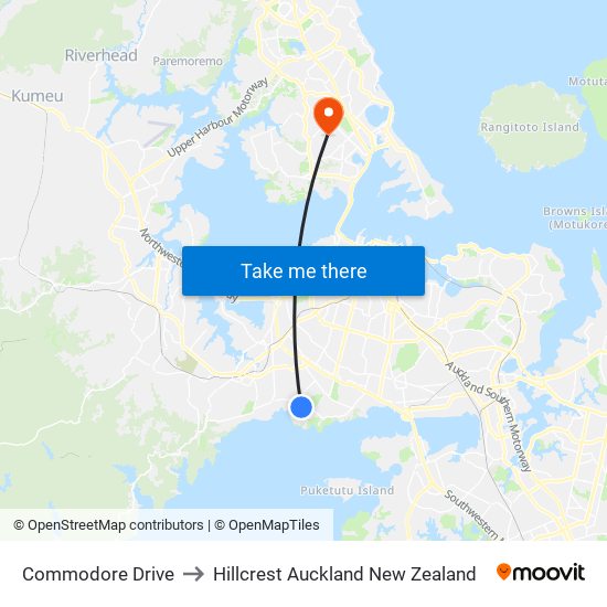Commodore Drive to Hillcrest Auckland New Zealand map