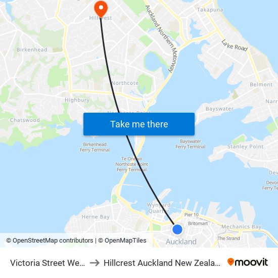 Victoria Street West to Hillcrest Auckland New Zealand map