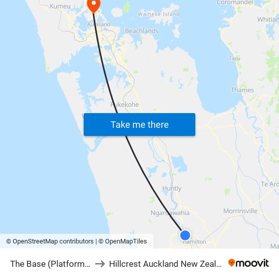 The Base (Platform A) to Hillcrest Auckland New Zealand map