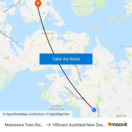 Manurewa Train Station to Hillcrest Auckland New Zealand map