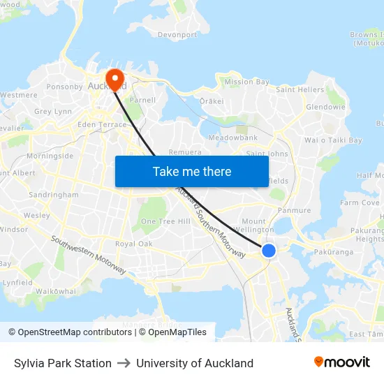Sylvia Park Station to University of Auckland map