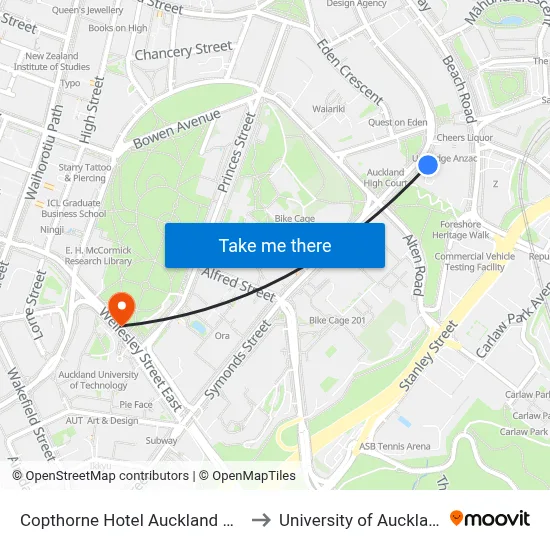 Copthorne Hotel Auckland City to University of Auckland map