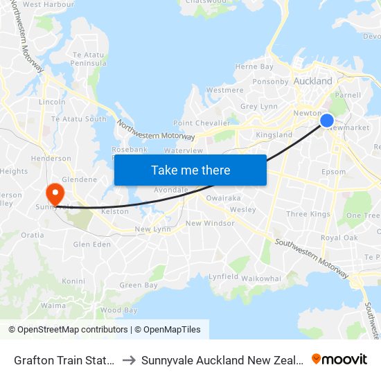 Grafton Train Station to Sunnyvale Auckland New Zealand map