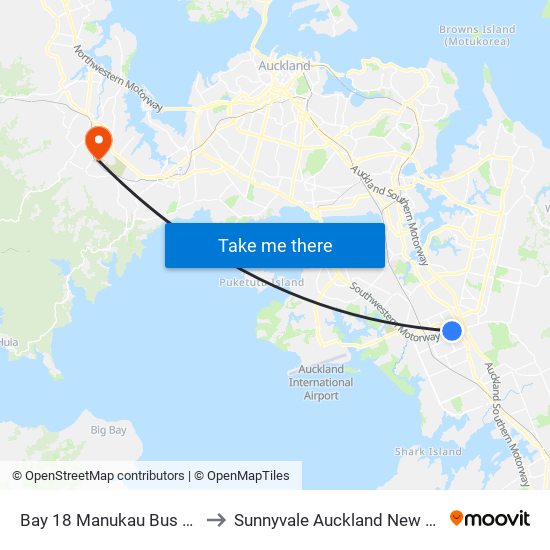 Bay 18 Manukau Bus Station to Sunnyvale Auckland New Zealand map