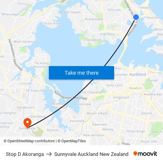 Stop D Akoranga to Sunnyvale Auckland New Zealand map