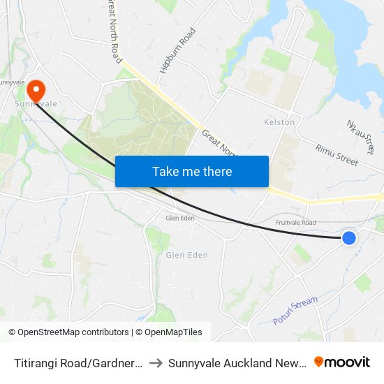 Titirangi Road/Gardner Avenue to Sunnyvale Auckland New Zealand map