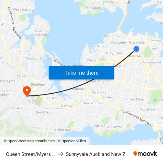 Queen Street/Myers Park to Sunnyvale Auckland New Zealand map