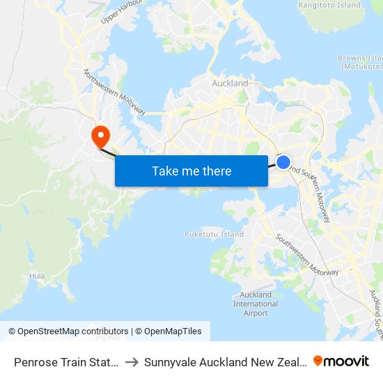 Penrose Train Station to Sunnyvale Auckland New Zealand map