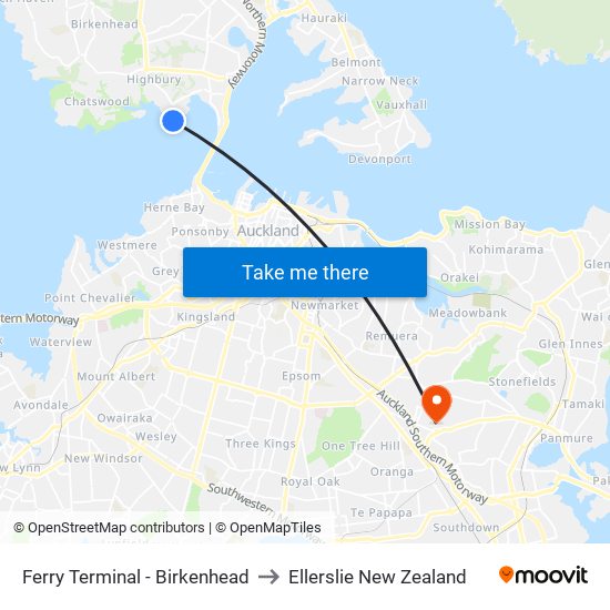 Ferry Terminal - Birkenhead to Ellerslie New Zealand map