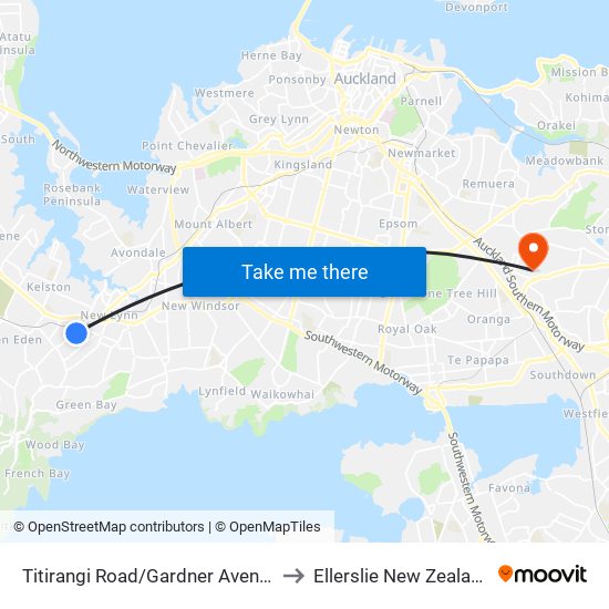 Titirangi Road/Gardner Avenue to Ellerslie New Zealand map