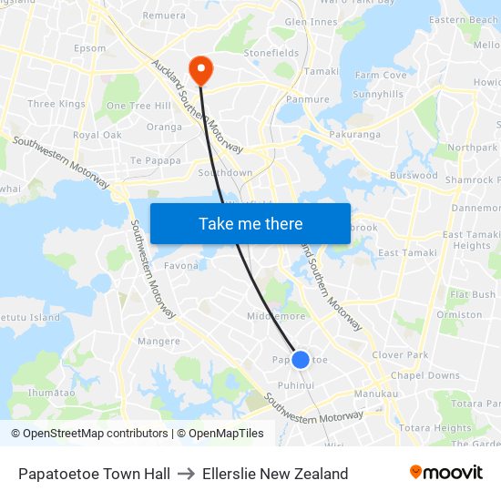 Papatoetoe Town Hall to Ellerslie New Zealand map