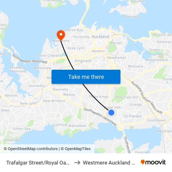 Trafalgar Street/Royal Oak Intermediate to Westmere Auckland New Zealand map