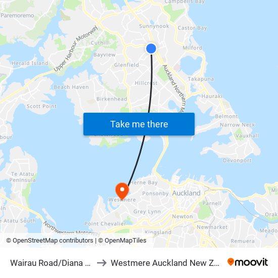 Wairau Road/Diana Drive to Westmere Auckland New Zealand map