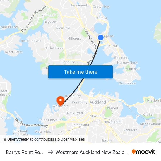 Barrys Point Road to Westmere Auckland New Zealand map