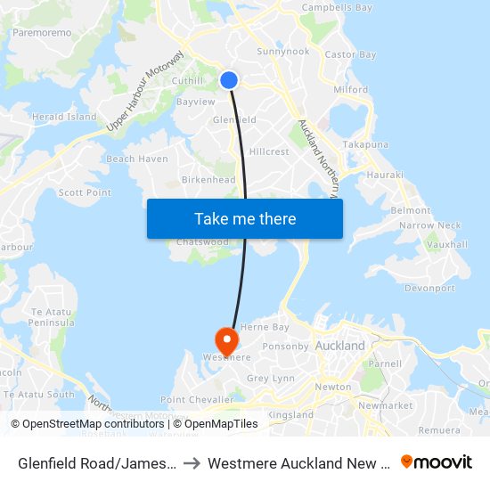 Glenfield Road/James Street to Westmere Auckland New Zealand map